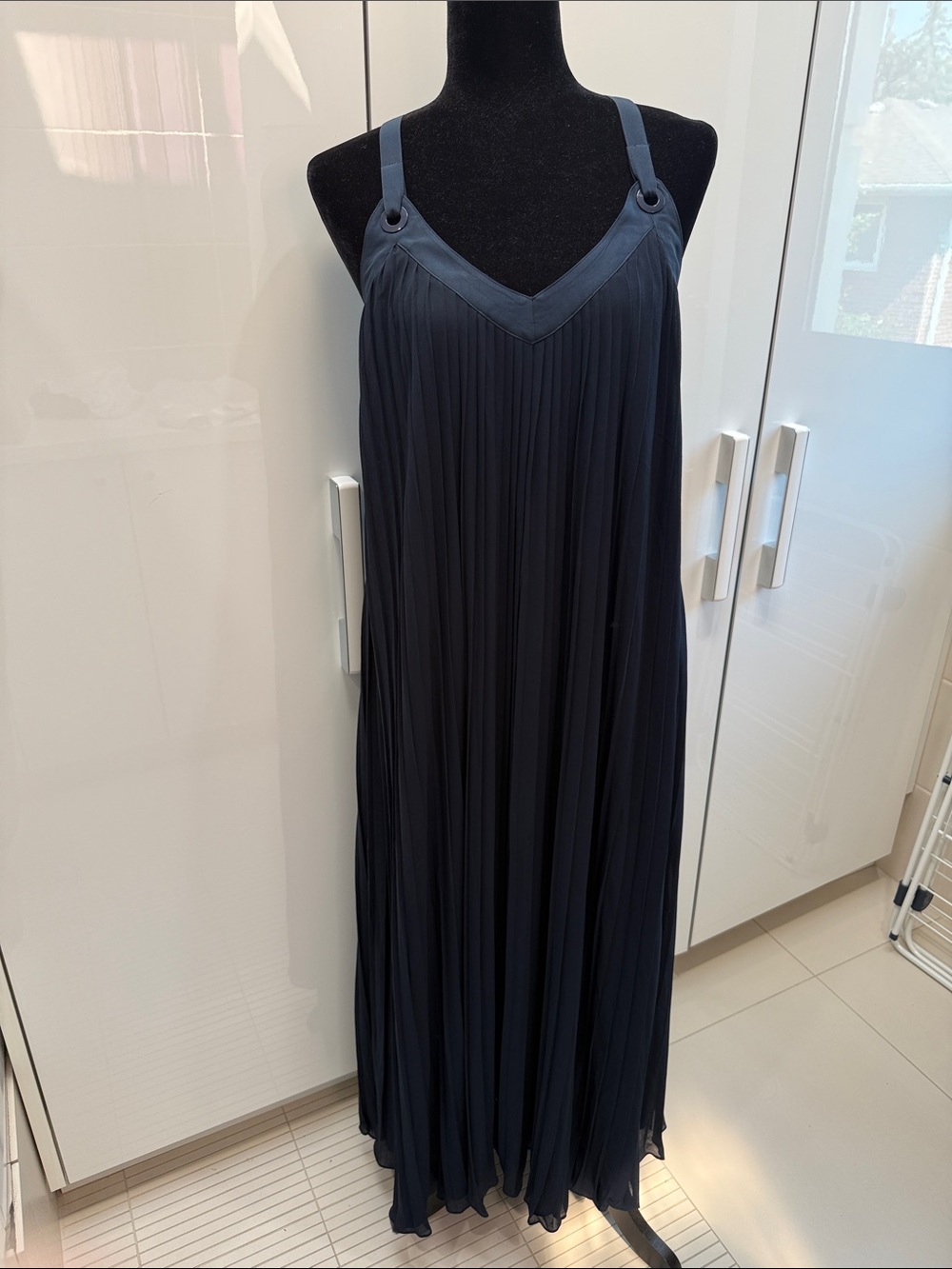 Michael Kors Navy Pleated Maxi Dress with Ring-Strap Detail